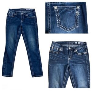 Miss Me Dark Blue Wash Denim Slim Boyfriend Ankle Embroidered Aztec Design Jeans